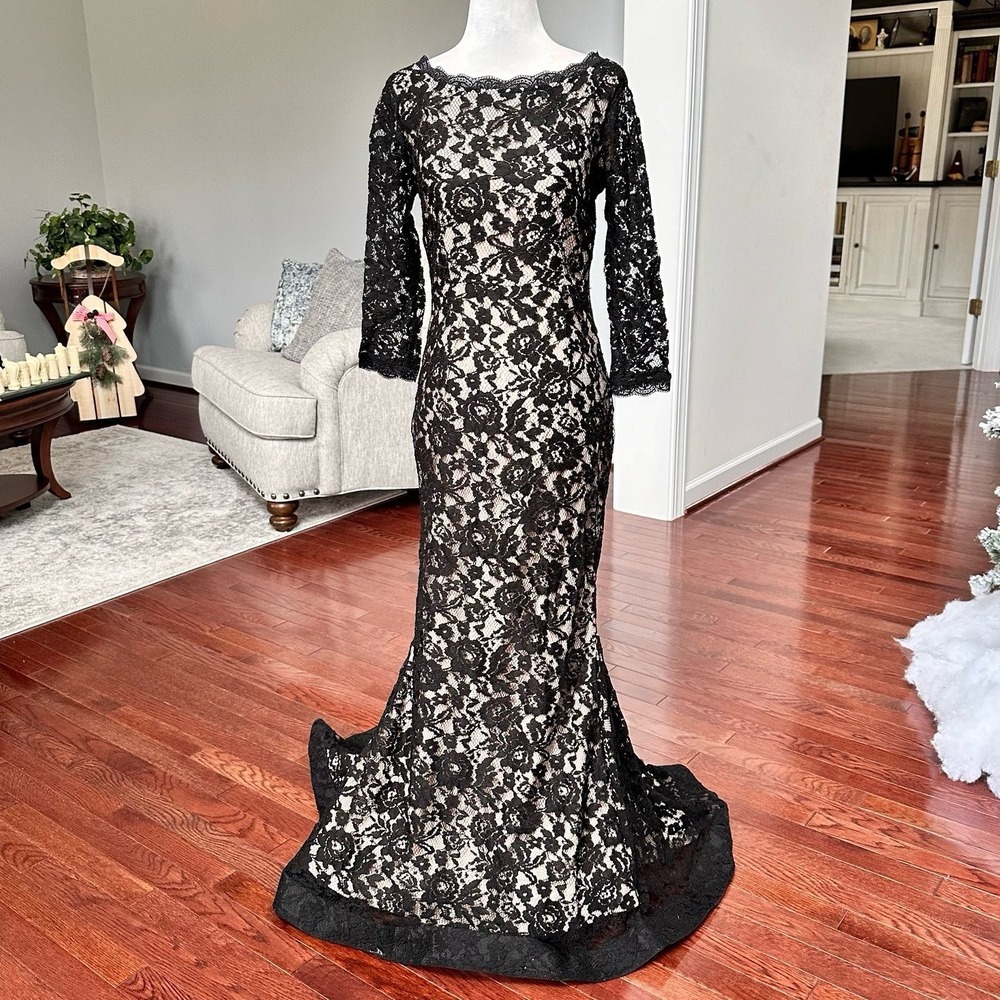 2000s Y2K Venus Couture Black Lace Long Sleeve High Neck Gown Dress Size 6